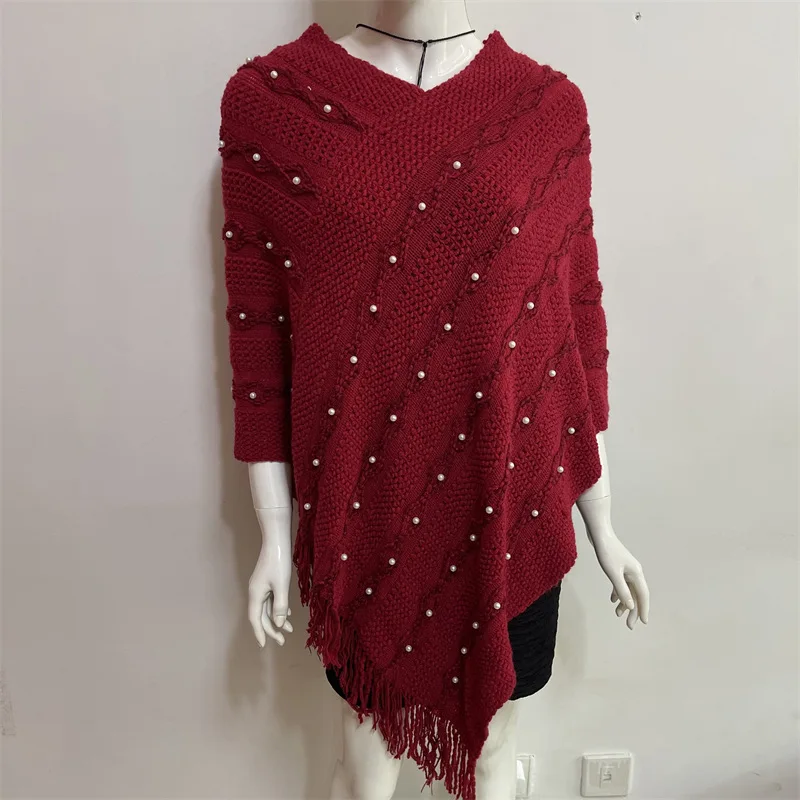 

European American Women Spring Autumn New Lazy Wind V-neck Tassel Nail Bead Cloak Sweater Lady Scarf Cloak keep Warm Red