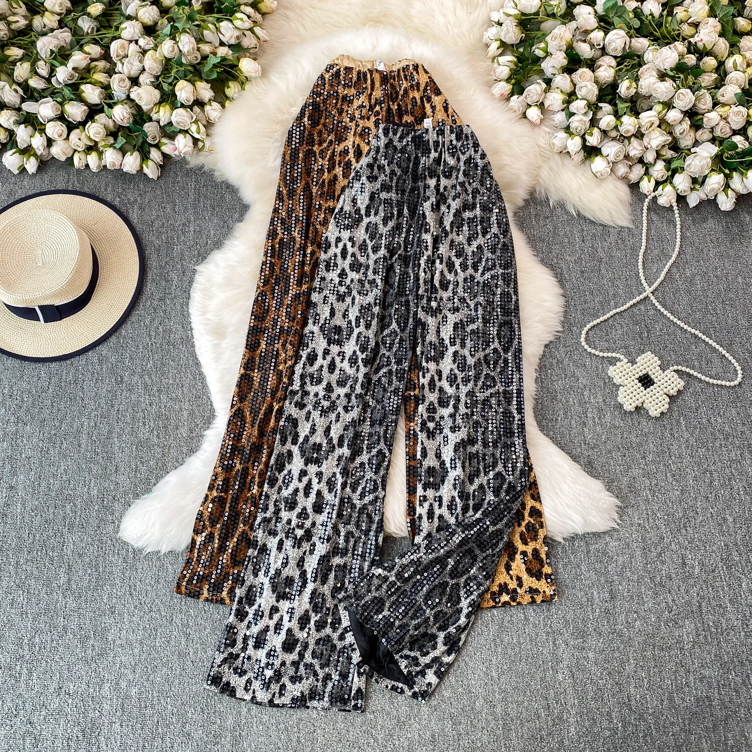 Leopard Print Sequin Women's Pants 2026 High Waist Elastic Waist Party Trousers Vintage High End Slim-looking Wide Leg Pants