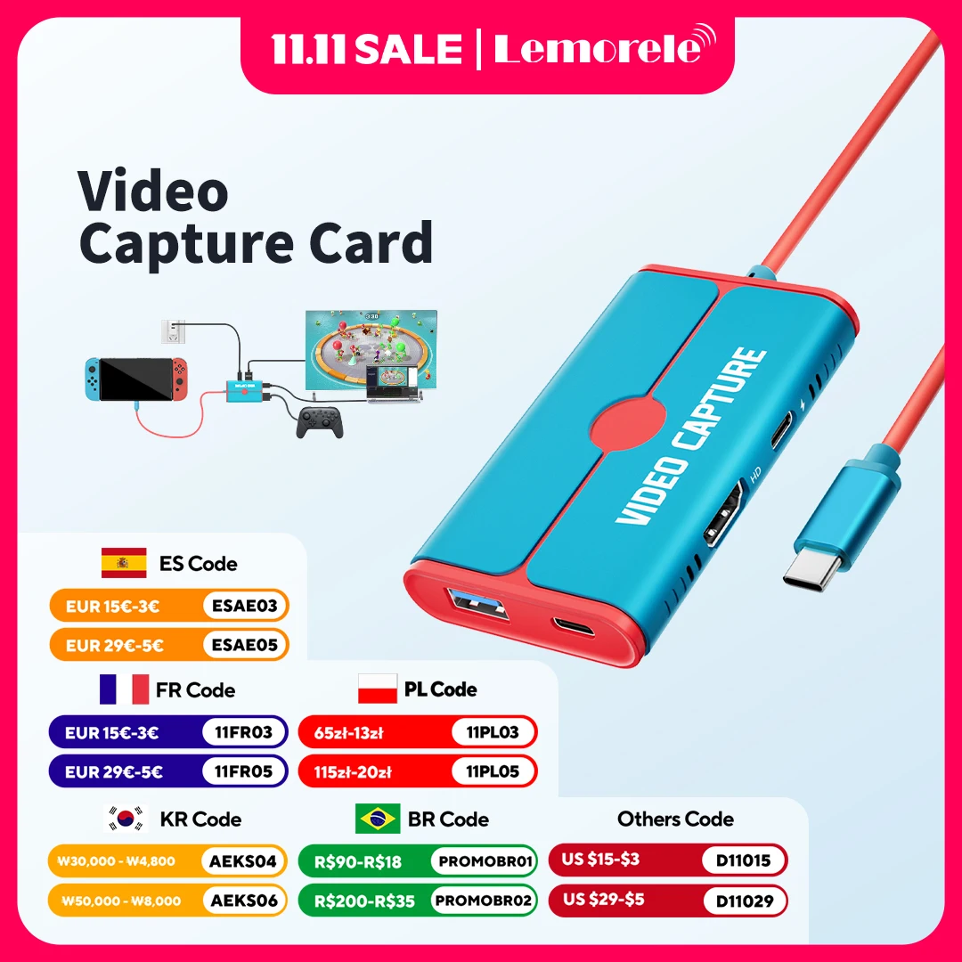 

Карта видеозахвата Lemorele USB 3.0 Концентратор 1080P Type-C к HDMI/USB видеозахват с PD 100 Вт для записи игр в прямом эфире