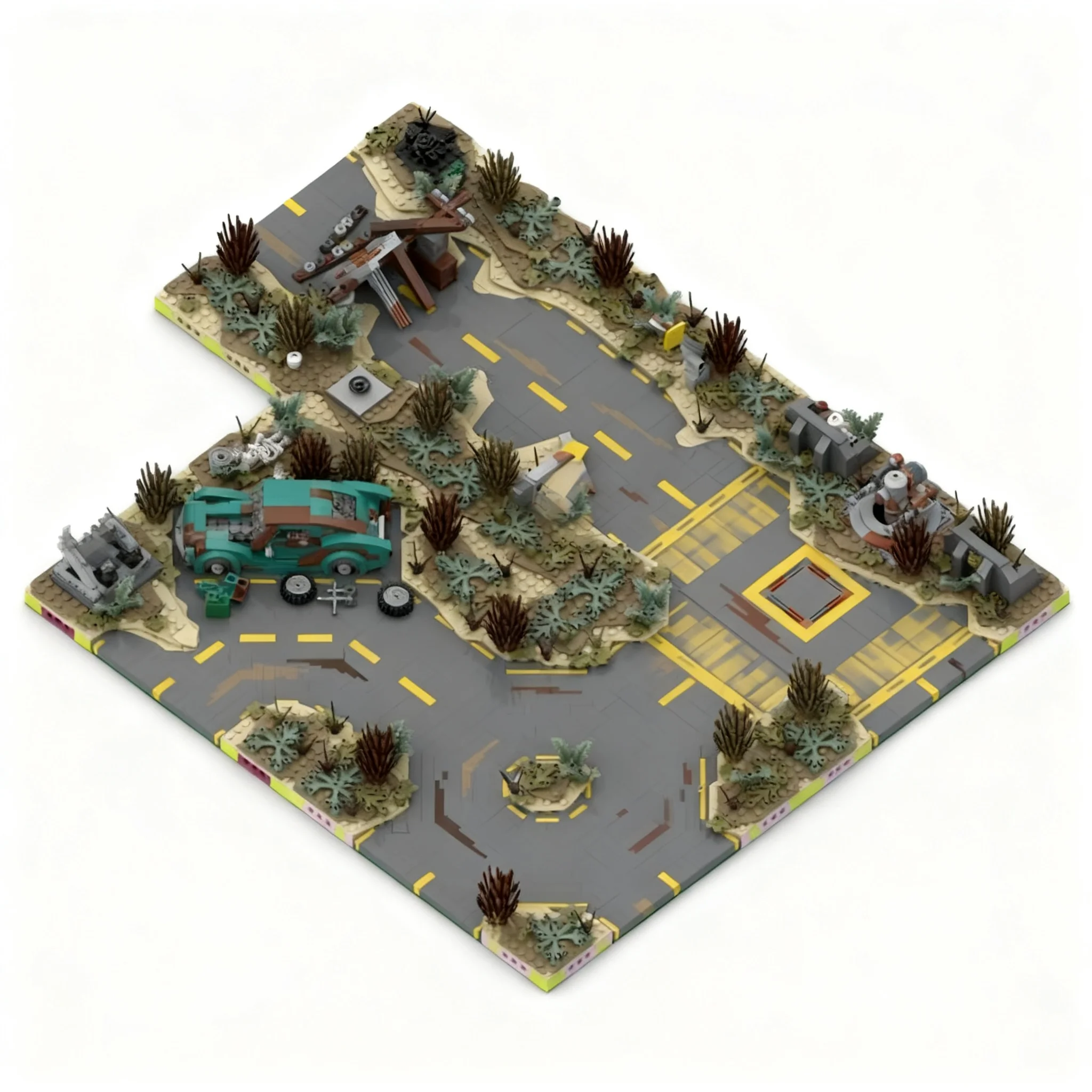 581pcs MOC MILS Wasteland Road Intersection 16 Studs Wide Fallout V2 Modular Buildings Model Building Blocks Christmas Gift Toys