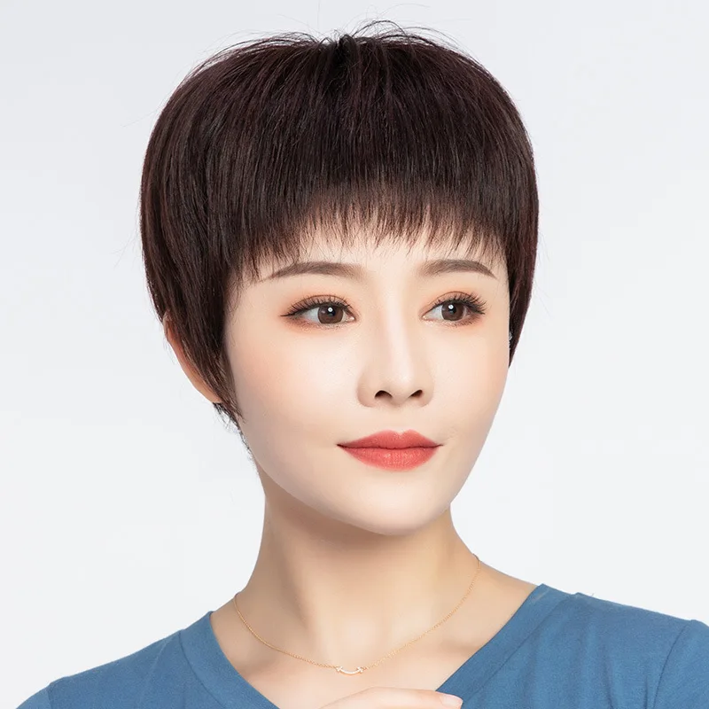 شعر بشري قصير نمط شعر مستعار للنساء الآسيويات في منتصف العمر وكبار السن آلية شعر مستعار طبيعي واقعي تنفس 2 ألوان الاستخدام اليومي #2