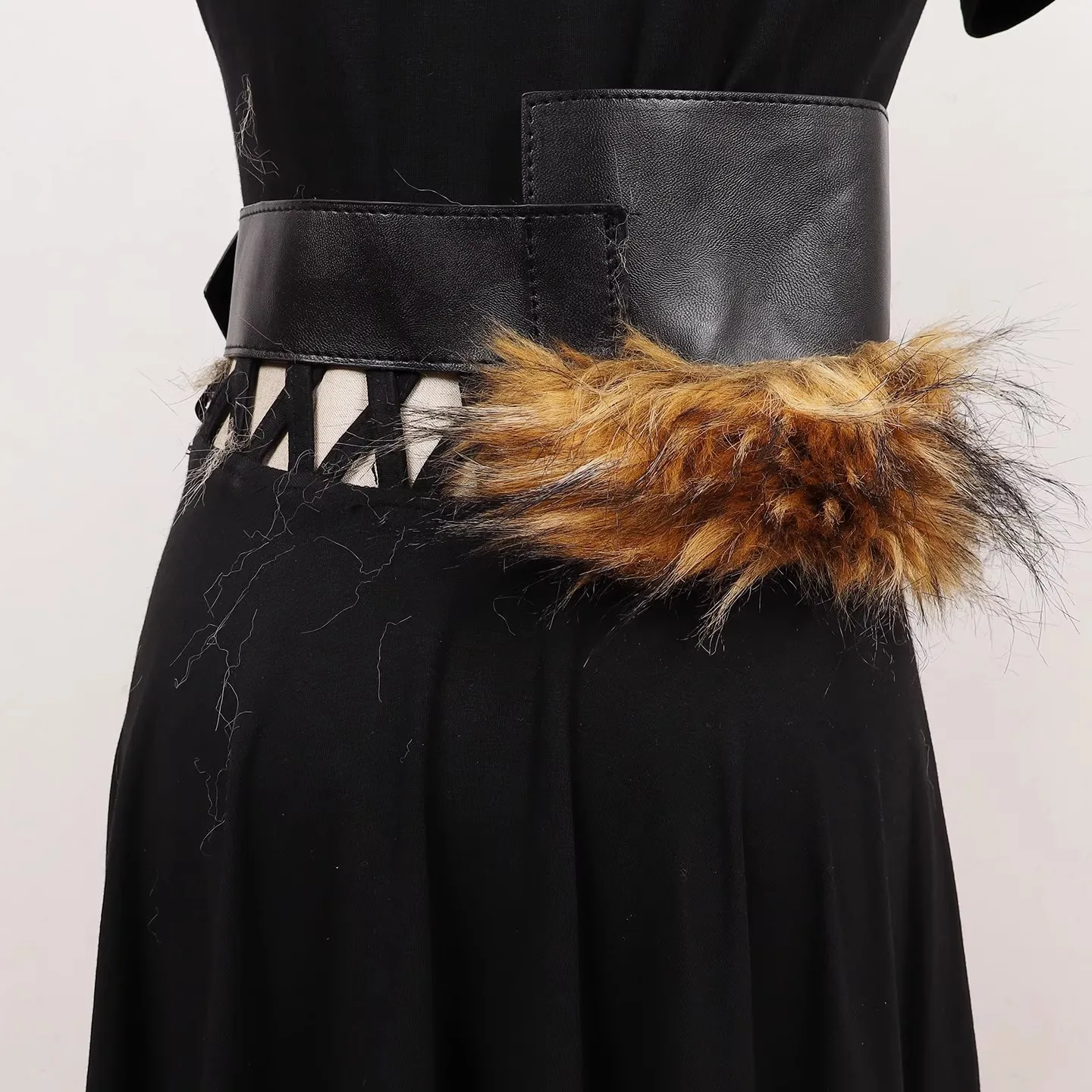 フェイクファー PU レザーベルト女性のヴィンテージポケットカマーバンド女性ドレスコルセットウエストバンドベルト装飾ワイドベルト R3024