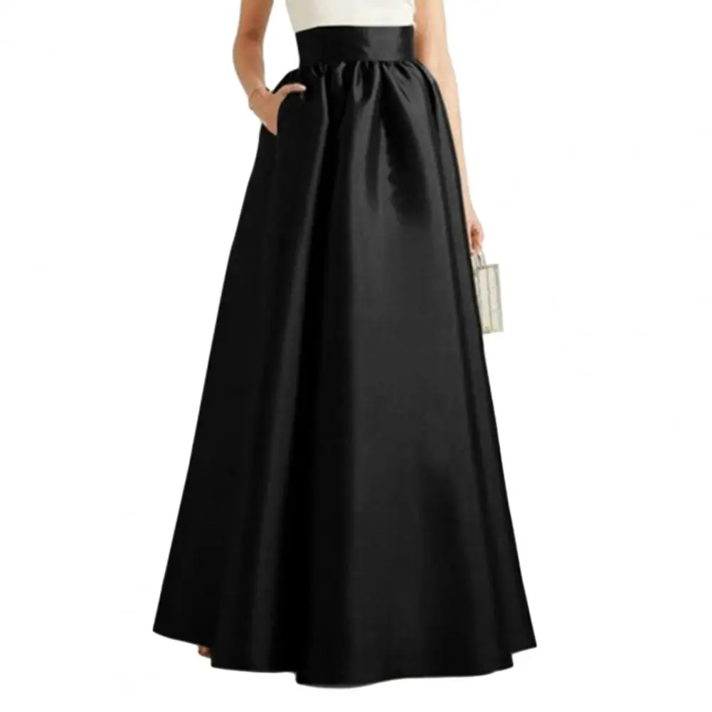 

Vintage Women Faux Satin Skirt A-line Floor Length Solid Color High Waist Pockets Long Robe Skirt