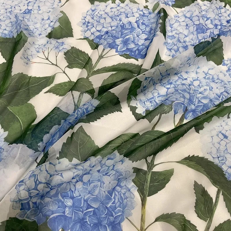 Moda w Europie i Ameryce niebieska hortensja z nadrukiem kwiatowym cienka szyfonowa tkanina dla kobiet sukienka bluzka rฤcznie robiona tkanina DIY