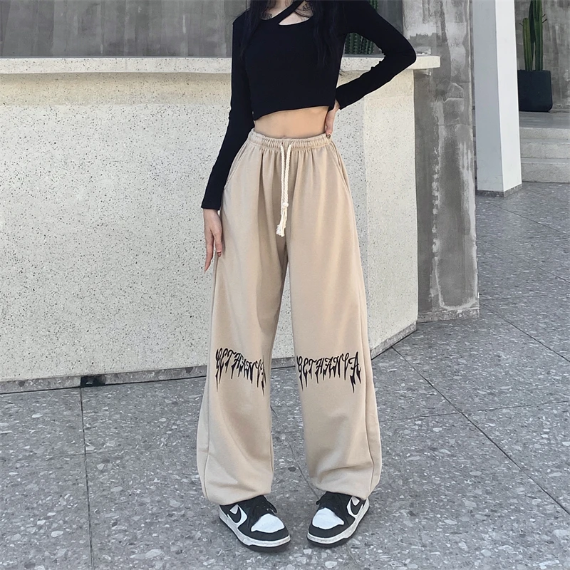 Hip Hop High Street Sweatpants Vintage Letter Print Baggy Trousers 2023 Spring New Straight Drawstring Wide Leg Pants Women Men