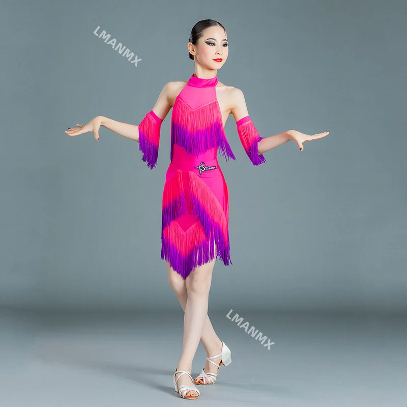 Children Latin Dance Dress For Girl Latin Competition Costume Sleeveless Gradual Fringed Dress Performance Outfits