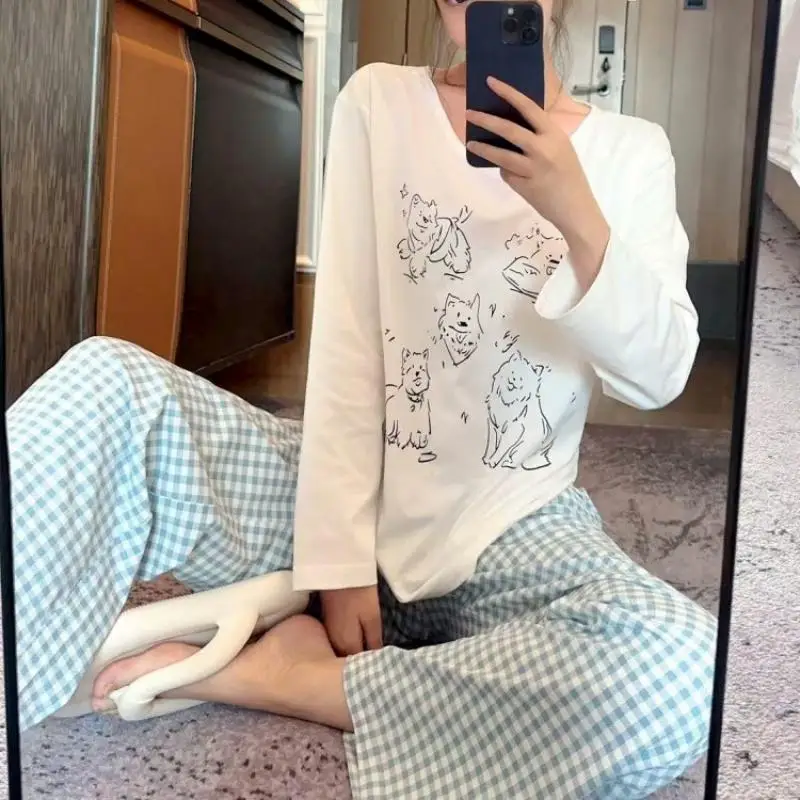

Милый пижамный комплект с рисунком кота, 100% хлопок, женская пижама в стиле кавайи с мультяшным принтом, 2 предмета: рубашка с длинным рукавом и клетчатые брюки, свободная домашняя одежда