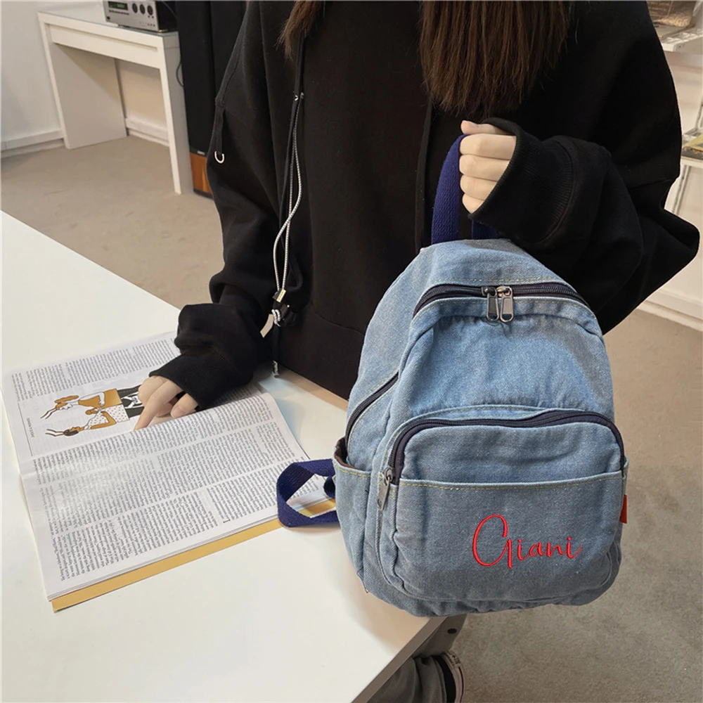 Denim Backpack Can Embroidery Name Women's Outdoor Denim Canvas Travel Bag Custom Personalized Name College Student Schoolbag