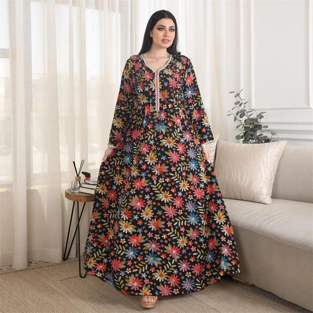2022 Nieuwe Diamanten Print Abaya Voor Vrouwen Moslim Jurk Turkije Dubai Kaftan Caftan Marocain Vrouwen Mannen Mannen Jurk Jurk Gewaad