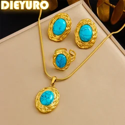 DIEYURO 316L Stainless Steel Golden Elliptical Inlaid Turquoise Pendant Necklace Earrings Ring Set Womens Fashion Jewelry Gift