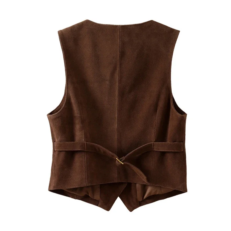 Retro  Suede Top Clothing for Women Genuine Leather Vest Casual Short Style Retro British V-neck Layered Wearing Chaleco Mujer