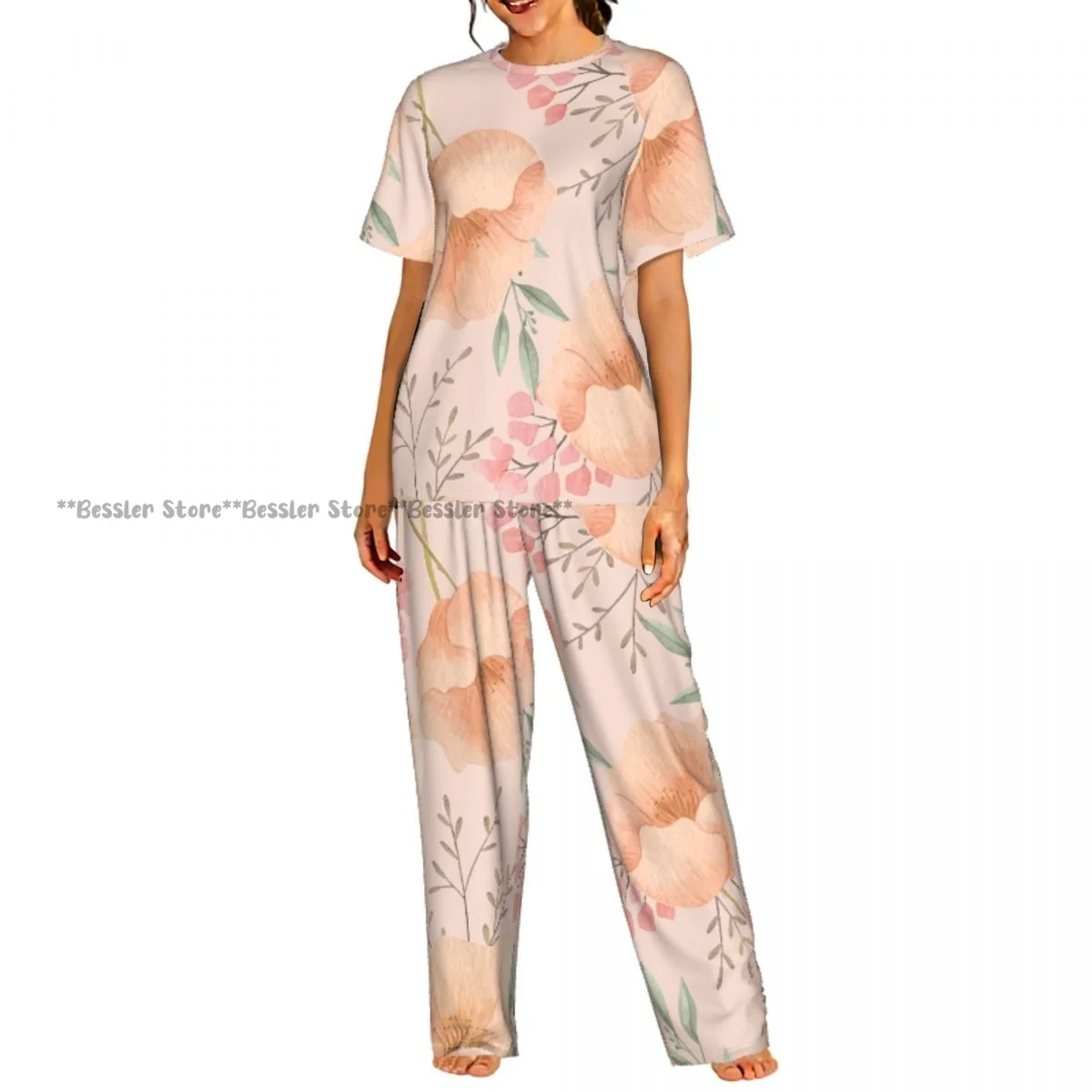 

Women's Comfort Pajamas Women's Floral Peach Short Sleeve Set Sleepwear