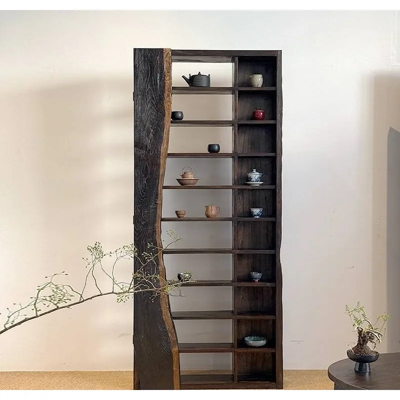 Custom Wabi-sabi Elm Wood Wall Mounted Display Rack, Vintage Solid Wood Curio Shelf, Collectible Teaware Storage Cabinet