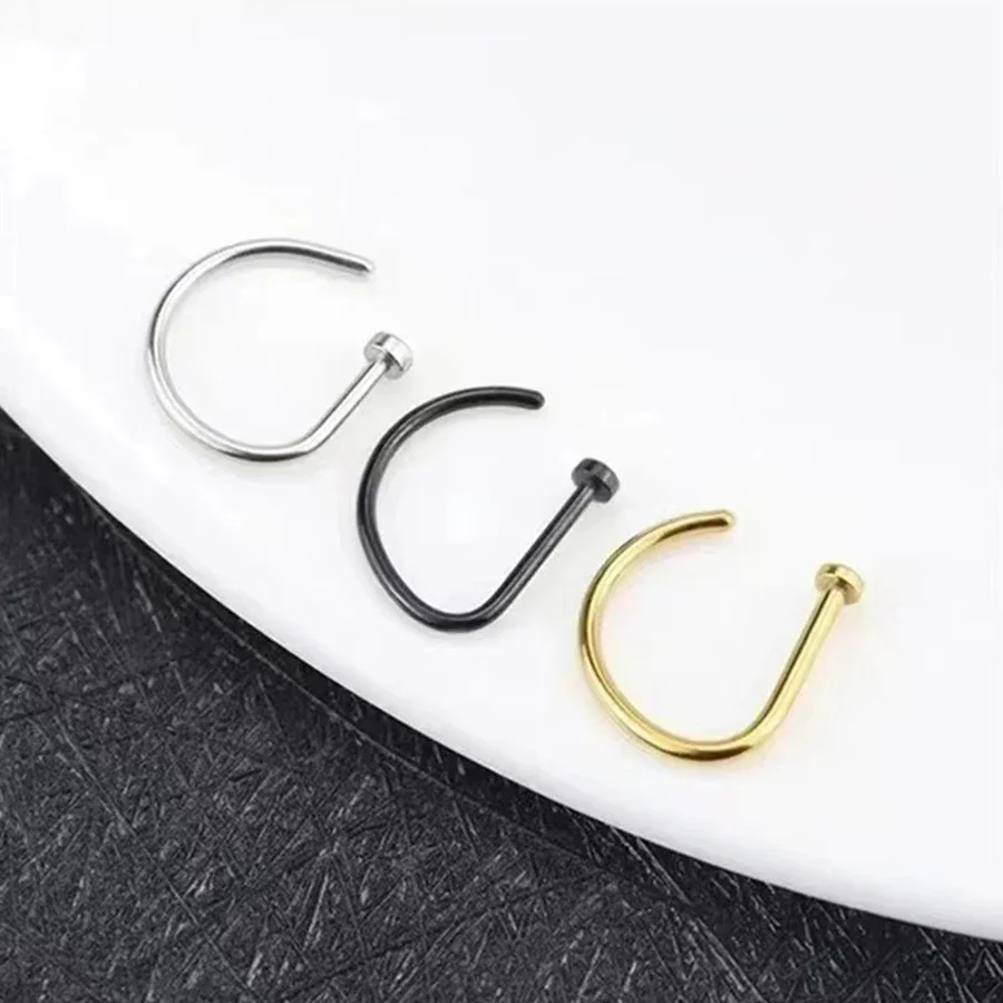 10 PCS 20G Nose Rings D-Shaped Chip on Surgical Steel Non Piercing Nose Tragus Cartilage Rings Piercing Jewelry