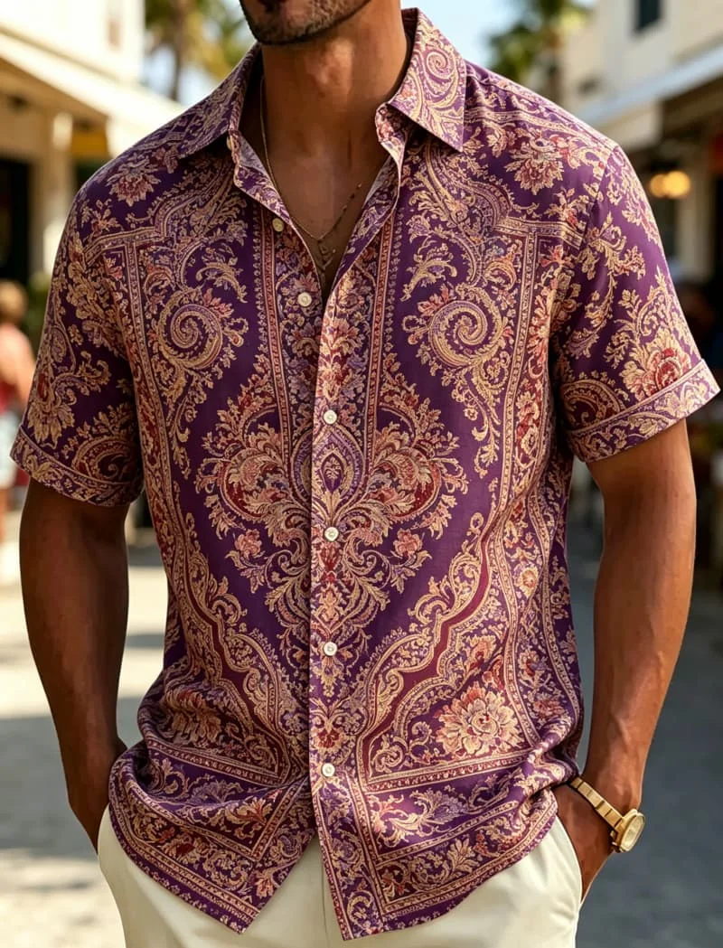 Exotic Bohemian Printed Short Sleeved Shirt For men's Casual top, Retro Vacation style, Suitable For Personalized Street Wear