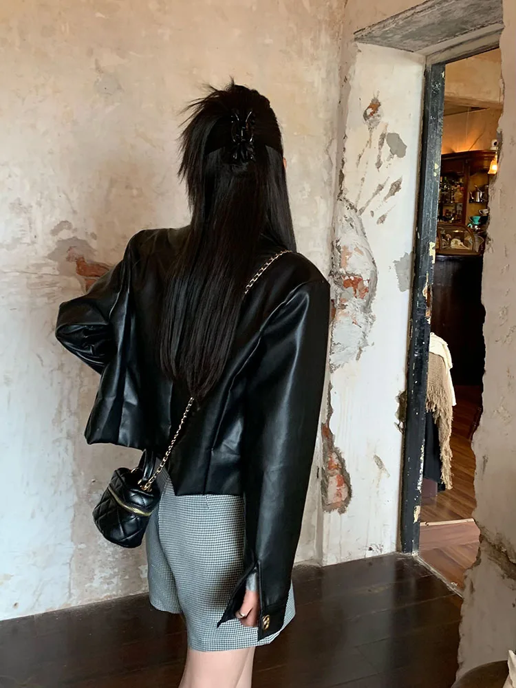 Zwarte PU lederen jassen dameskleding lange mouw kraag streetwear uitloper casual mode harajuku y2k jassen tops