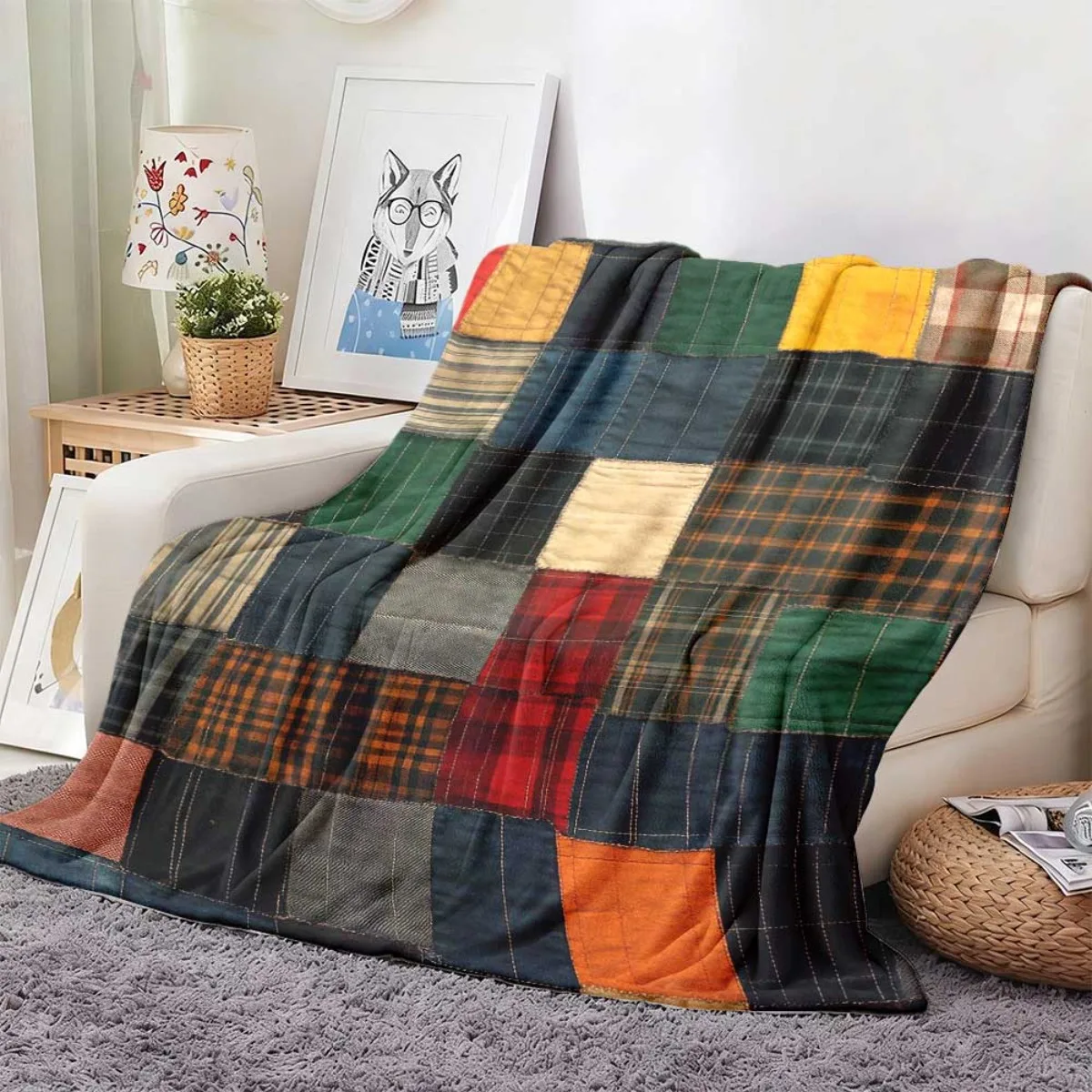 Vintage Plaid Patchwork Flannel Throw Blanket, Retro Spliced Tartan Block Print Soft Warm Blanket for Sofa Bedroom Home Decor