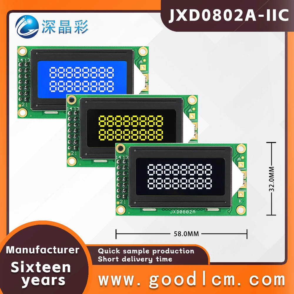 Iic/I2c Interface Beschikbaar In Meerdere Kleuren Lcd-Scherm Jxd0802a 8*2 Karakter Klein Formaat Scherm Backlight Module