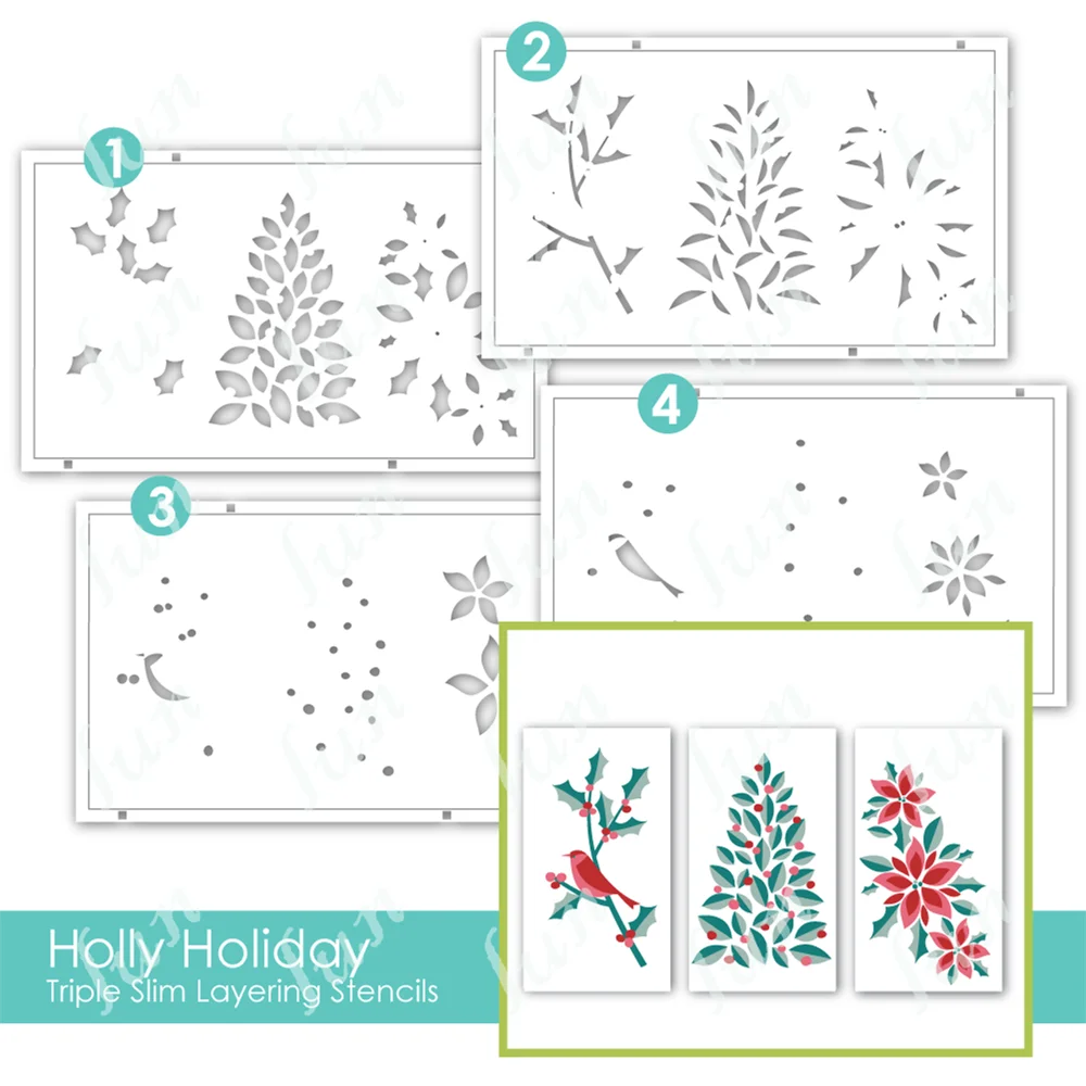 Triple Slim Layering Stencils Holly Holiday Sets for Diy Scrapbooking Album Make Paper Card Embossing Template Craft Supplies