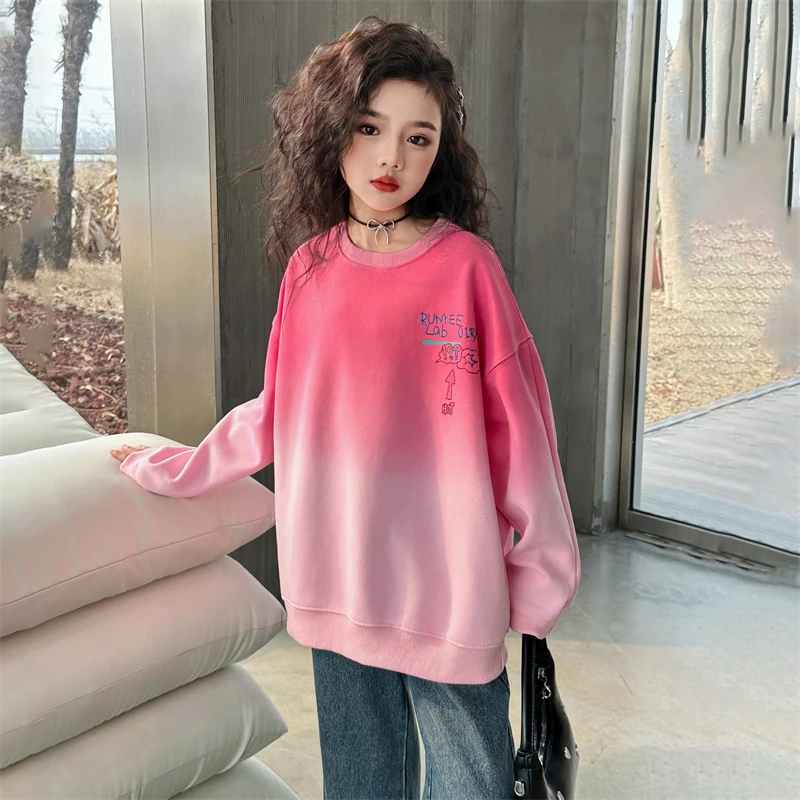 Cute Girl Clothing Cotton Pink Tie dye Sweatshirt +Bow Jeans Set Outfits Spring and Autumn New Arrival School Children\'s Clothes