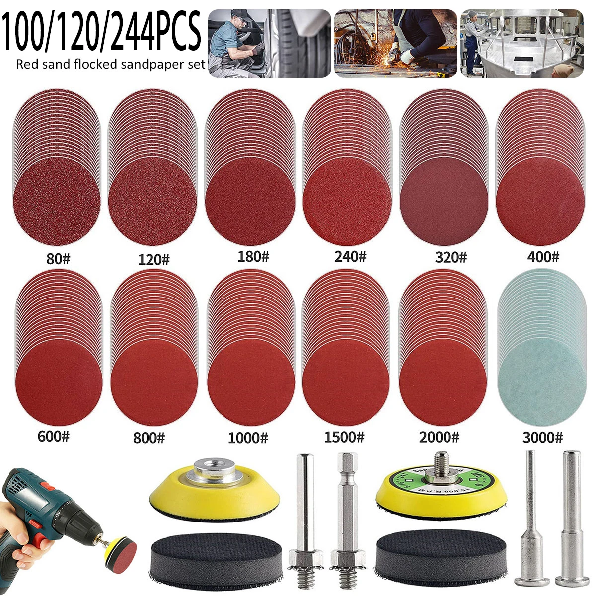 

100/120/244PCS 2 Inch Sanding Disc Pad 80-3000/60-3000 Grit Abrasive Polishing Pad Kit for Metal Wood Glass Car