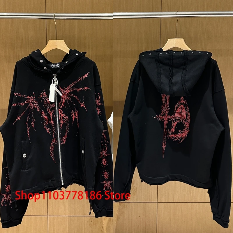 Real Photo THUG CLUB Hoodie Sweatshirt American Hip Hop Men Women Streetwear Demon Keel Print Riveted Zipper Cardigan Trendy