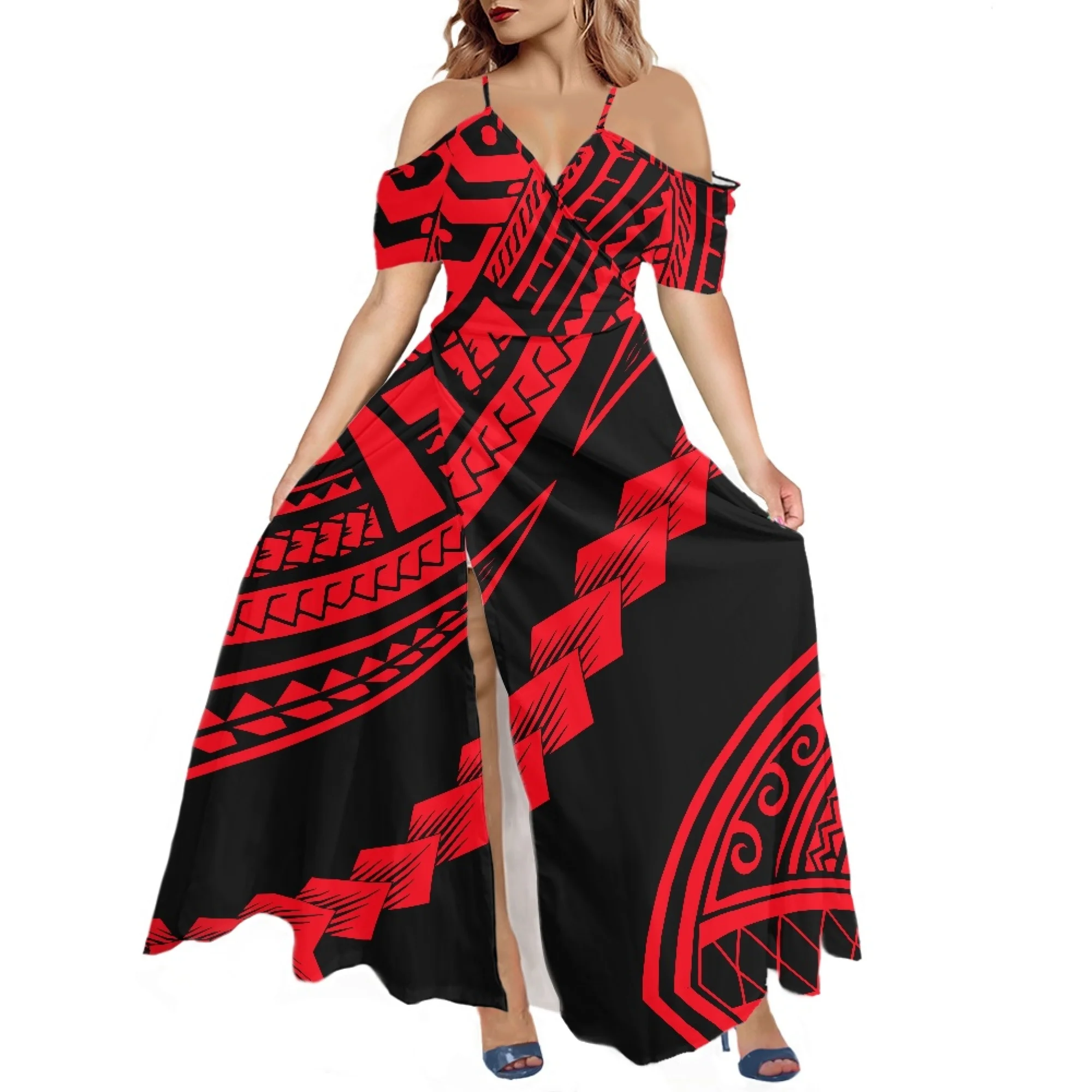 High Quality Women's Frilly Shoulder Off Party Dress Deluxe Custom Samoan Tribal Print Summer Sexy V-Neck Beach Elegant Dress