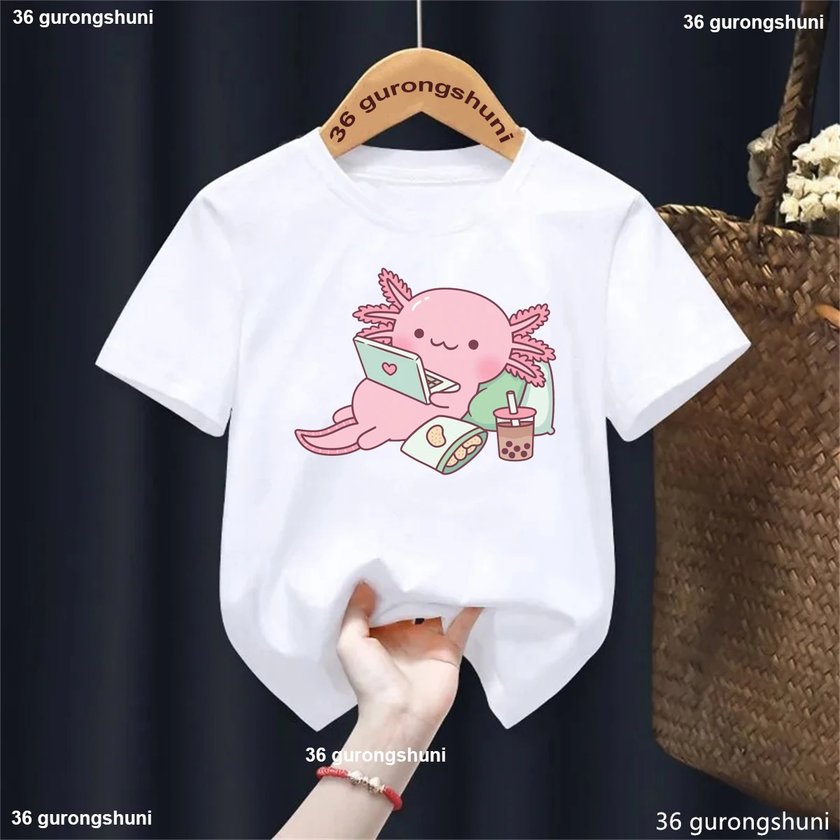 

Funny Kids Clothes Axolotl Love Game Boba Printed T Shirt Girls/Boys Summer Short Sleeve T-Shirt Harajuku Shirt Streetwear