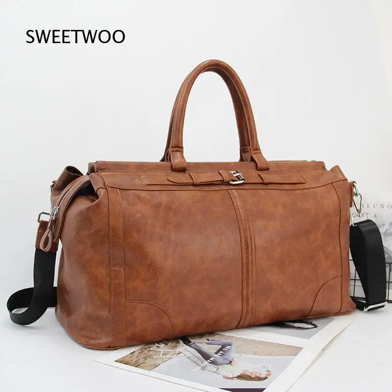 Large Capacity Men Faux Leather Weekender Bag Vintage Travel Overnight Handbag Casual Luggage Bag