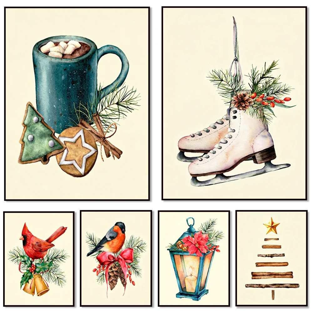 Christmas-themed artwork, featuring coffee cups, pine cones, lanterns, bells, birds, winter posters, and Christmas gifts.