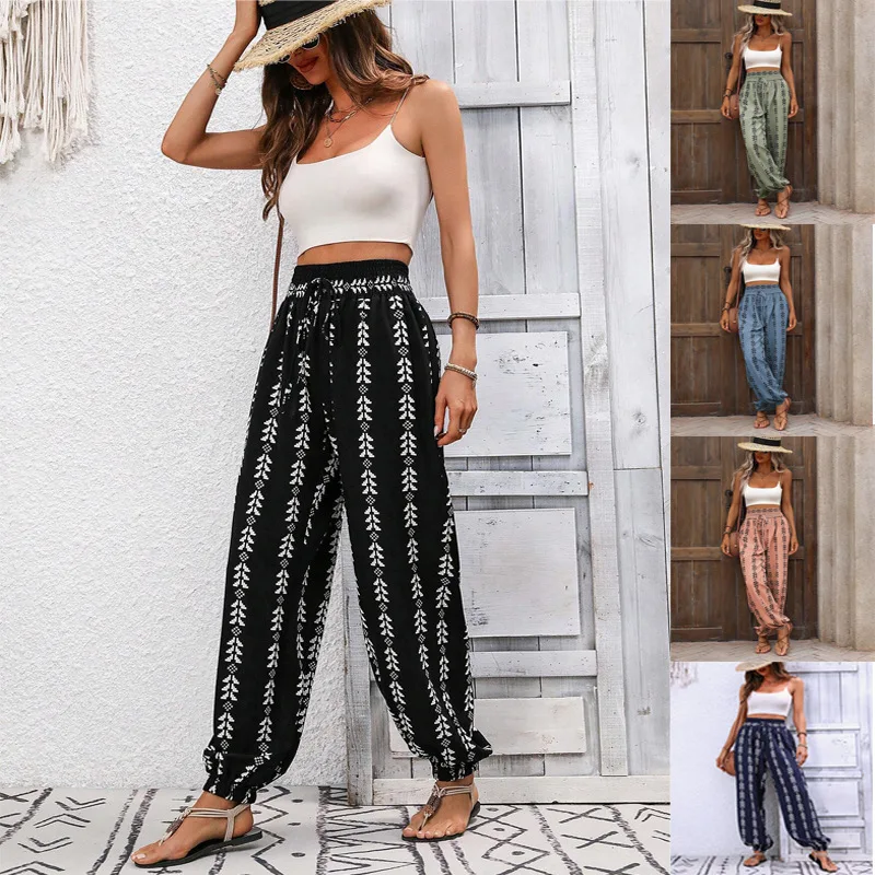 New Womens Multi Color Boho Geometric Print High Waist Harem Pants Drawstring Elastic Waist Tapered Beach Pants