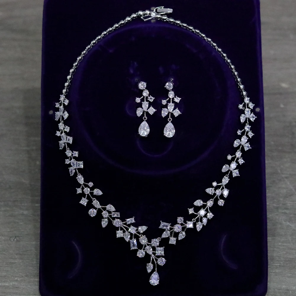 New High Quality Teardrop Cubic Zirconia Necklace Women Elegant Wedding Bridal Jewelry Set PROM Party Accessories,Free Shiping