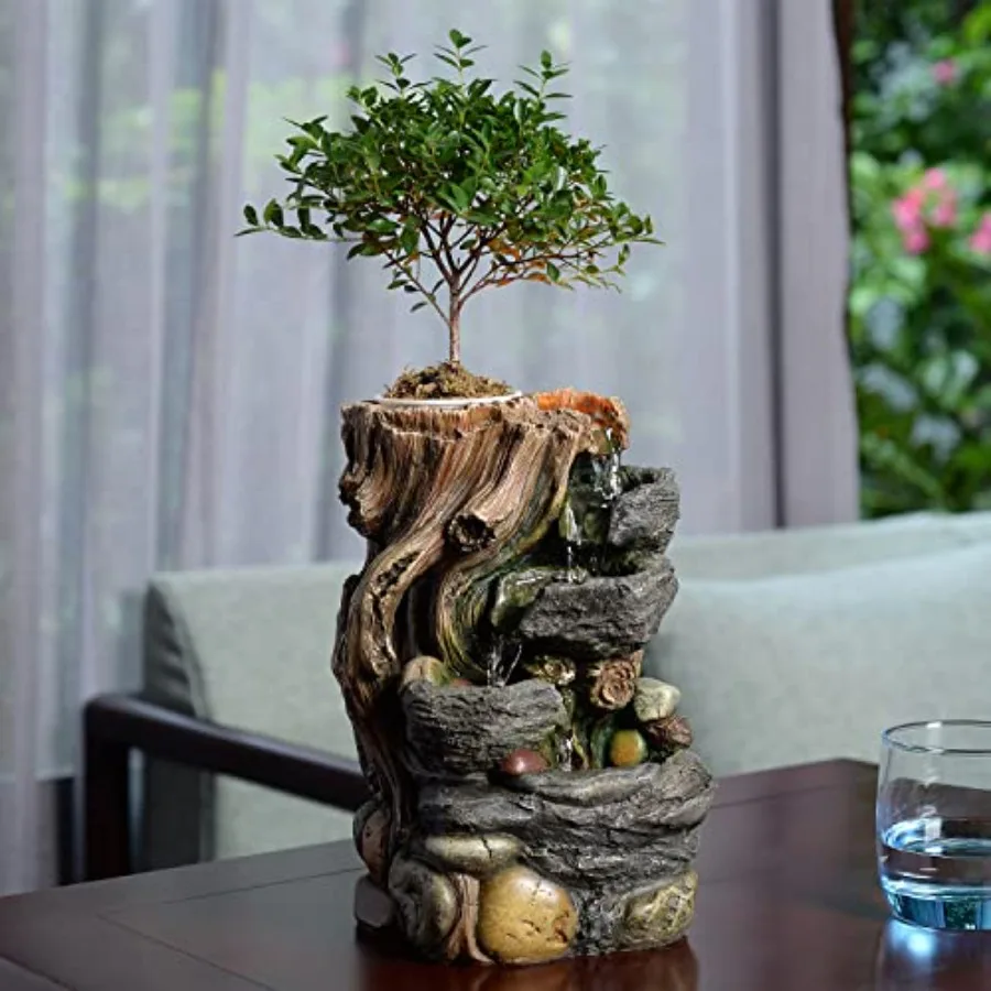 Fuente de Agua Decorativa de Interior de 5 Niveles con Cascada, Riego Automático y Maceta Pequeña de Plástico para Plantas