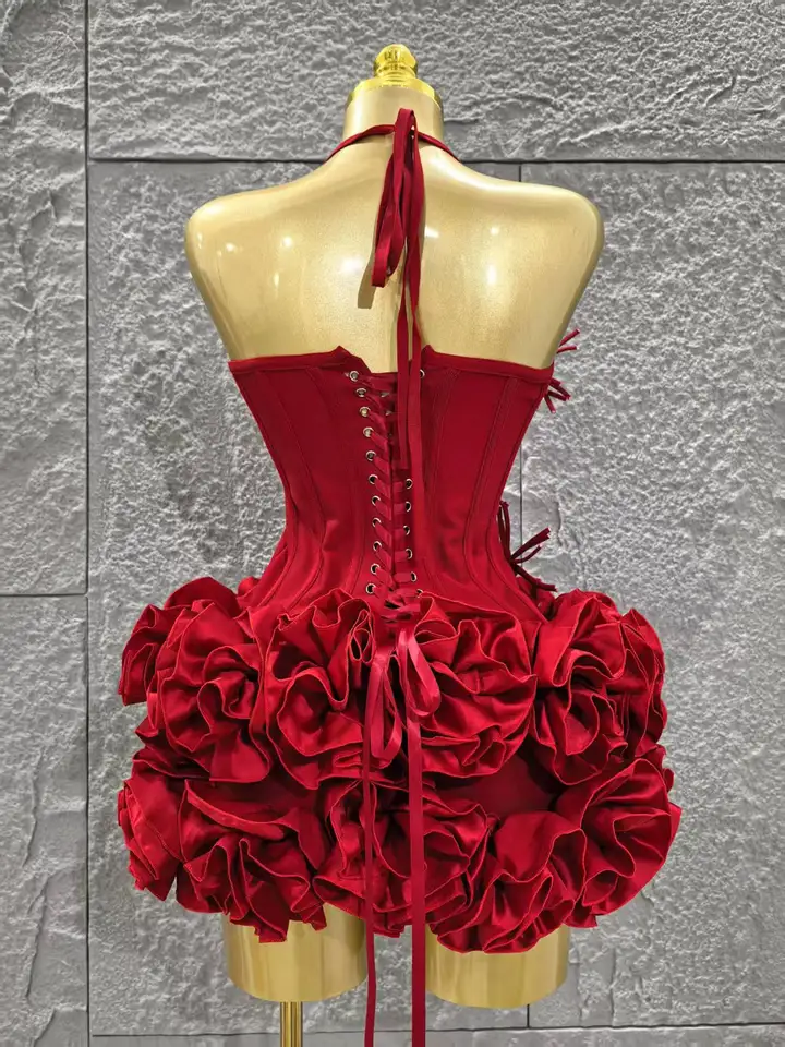 Vestido rojo de mujer sexy con halter, estampado floral, 2 piezas, bodycon mini, para fiesta nocturna, club y cumpleaños 6