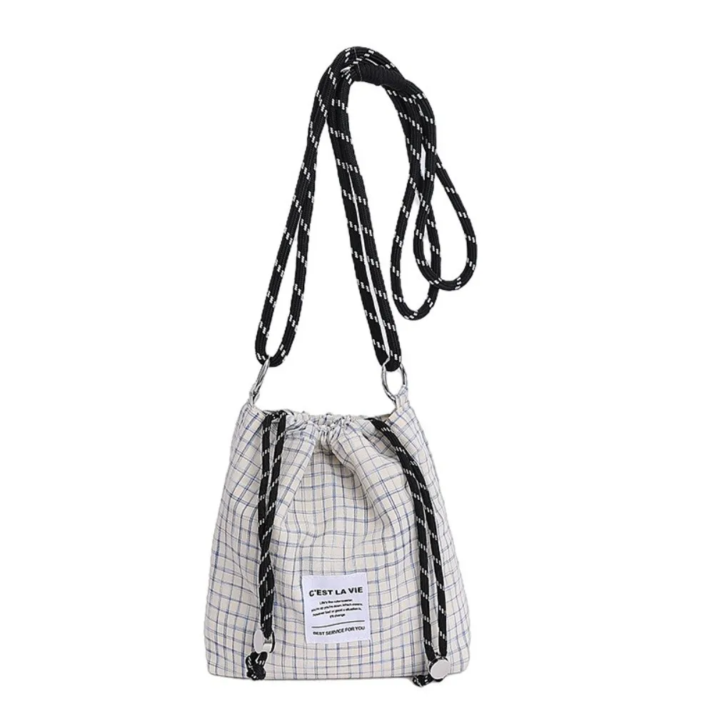 

Fashion Korean Drawstring Bucket Bag Light Weight Plaid Nylon Crossbody Bag Leisure Casual Women's Handbags Purse