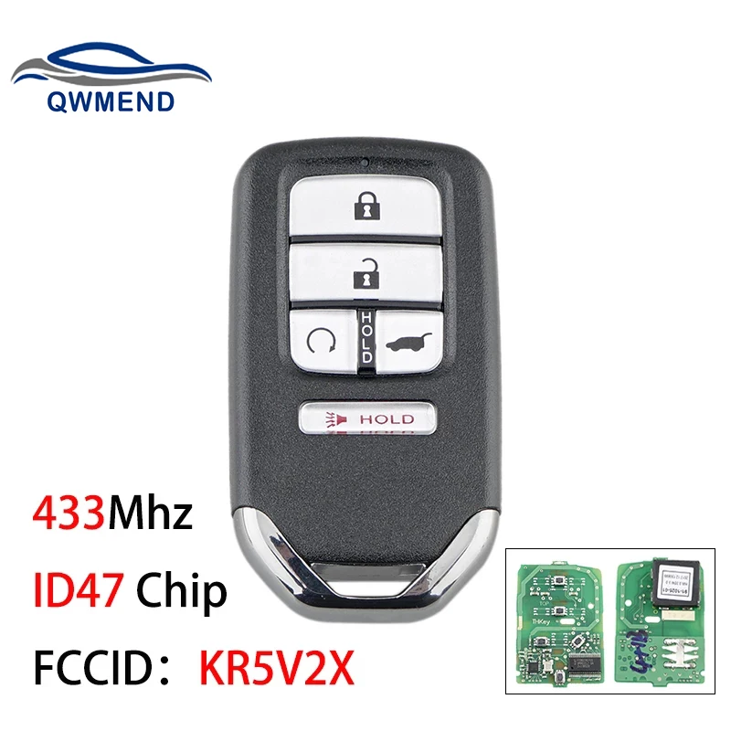 

QWMEND KR5V2X Car Remote Key for Honda CR-V/Civic/Pilot SUV Smart Car Key 433Mhz ID47 Chip No Mark 5 4+1Buttons