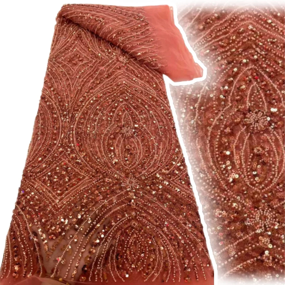 2025 African Peach Beaded Mesh Lace Fabric Embroidery Sequins French Tulle Lace for Nigerian Wedding Party Dress 5 Yards TP1458