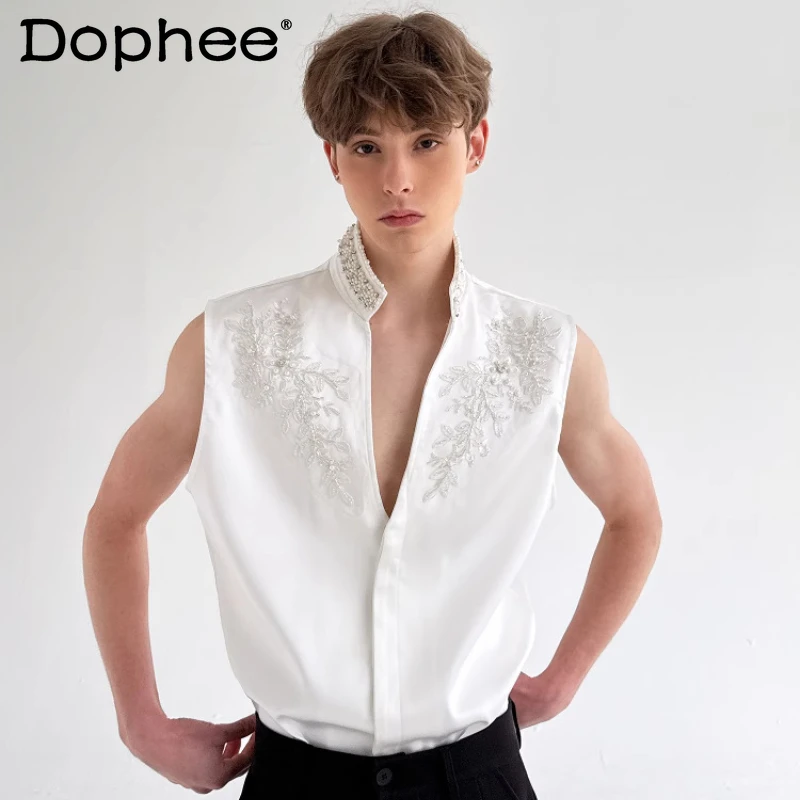 

Men's 2025 Summer New Handsome Tops Handmade Pearl Rhinestone Embroidered Jacquard Stand Collar Tank Tops Satin Sleeveless Vests