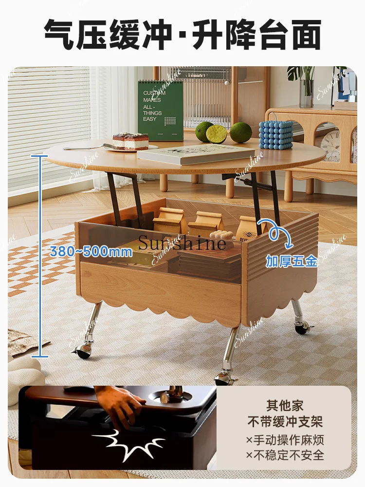 Movable round lifting solid wood rock slab small apartment living room household pulley tea table  FT