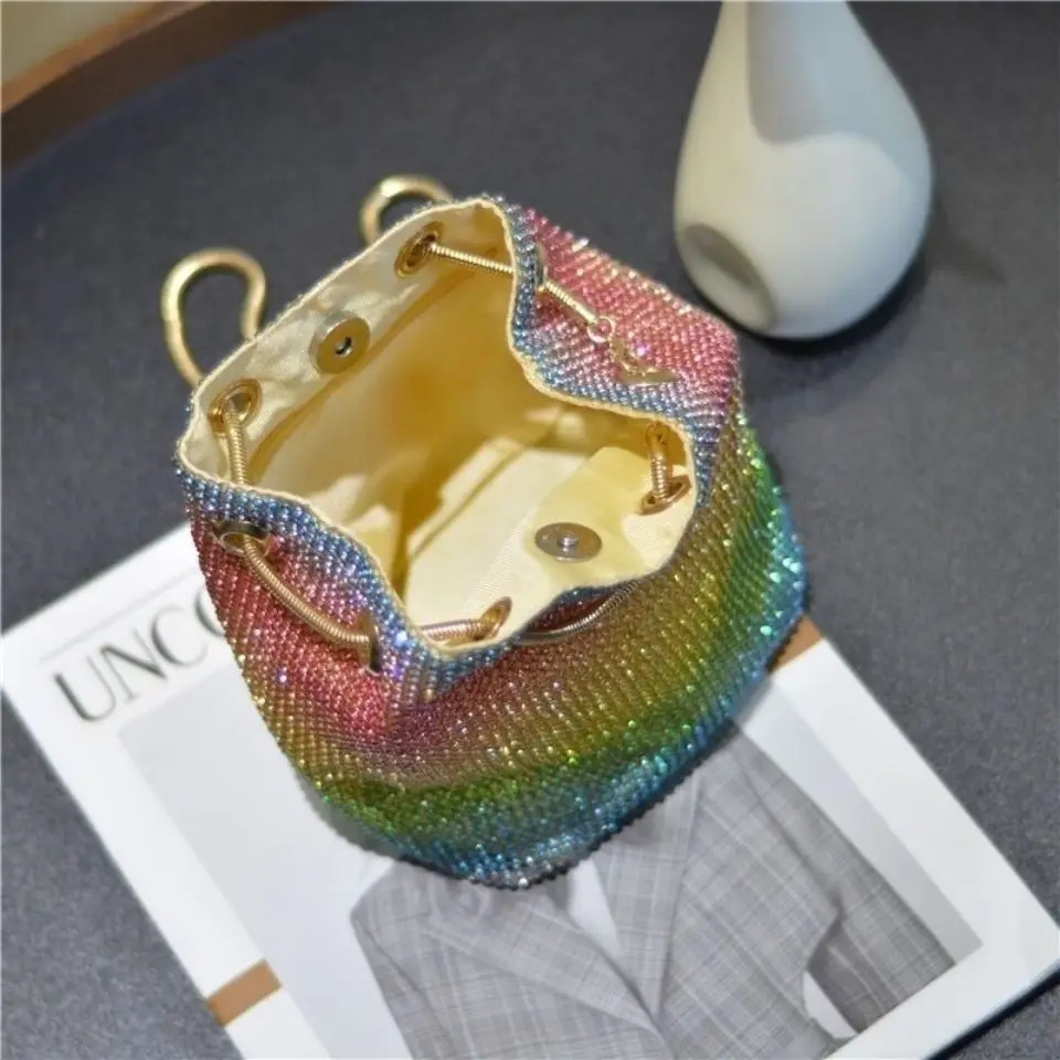 Korean Version Crossbody Bags Women Crystals Bucket Bling Fashion All-match Rainbow Mixed Colors Purse Shoulder Bags