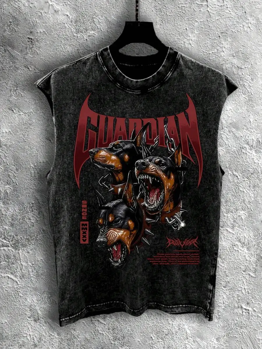 

Mens Washed Sleeveless Tank Top With Guardian Dog Print Vintage Streetwear
