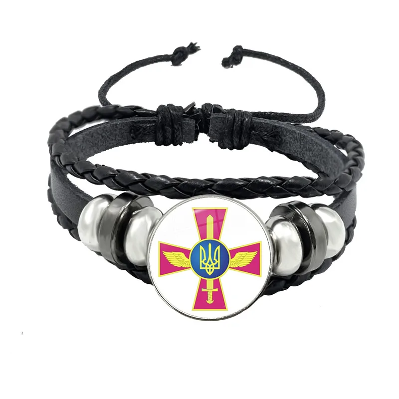 Tryzub Ukraine Button Leather Bracelet Ukrainian Rune Vintage Patterns 20mm Glass Cabochon Jewelry for Men Women Classic Gift