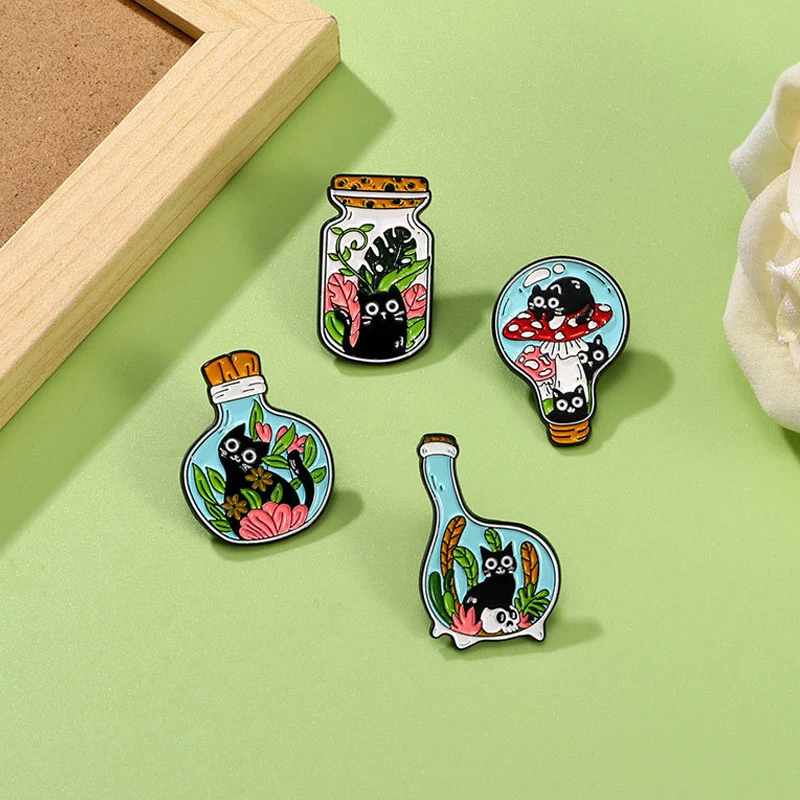 Cartoon Black Cat Bottle Enamel Brooch Water Grass Mushroom Bulb Glass Jar Cute Black Cat Metal Badge Punk Lapel Pins Jewelry