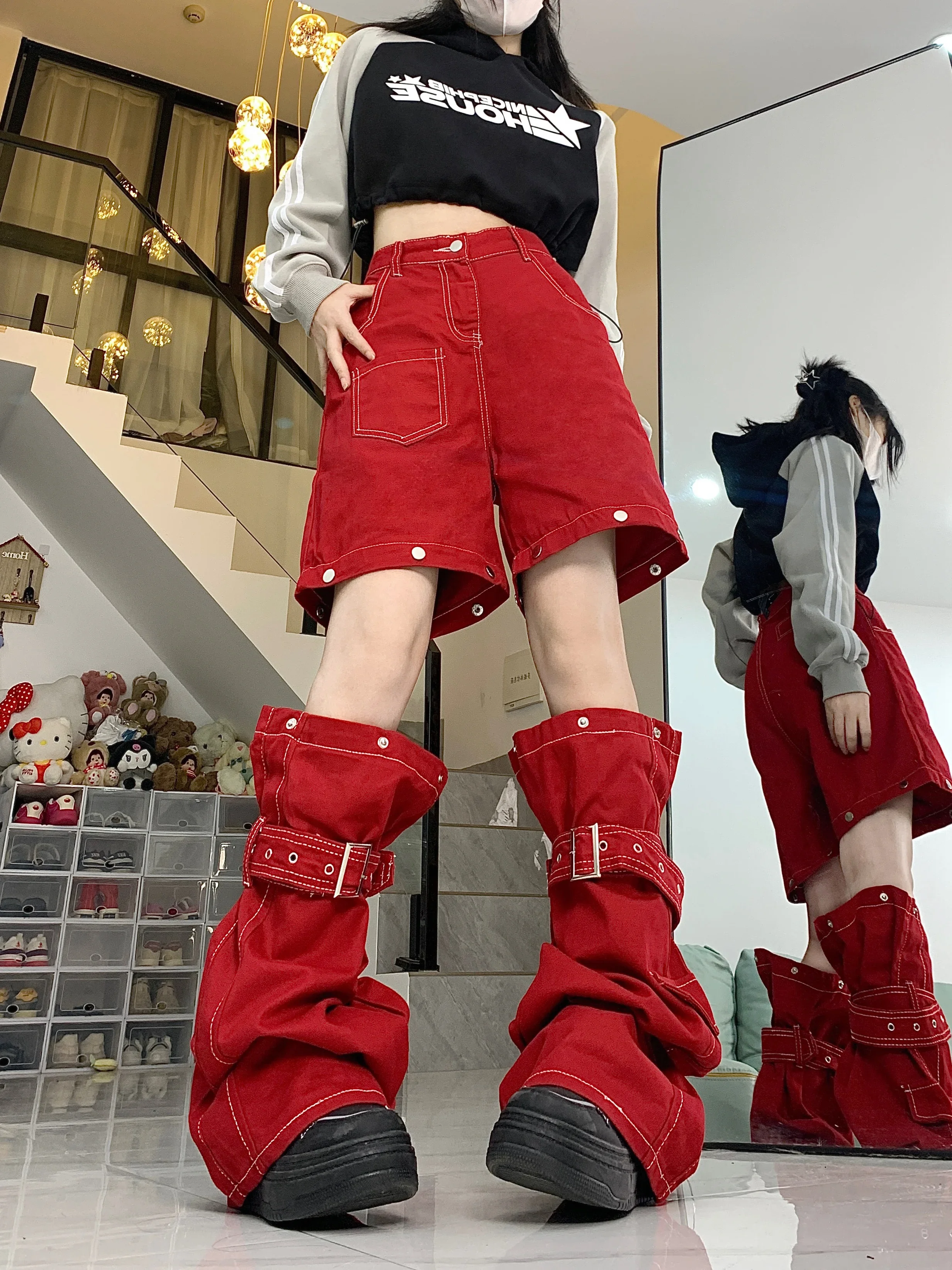 Chic Hip-hop Women Red Cargo Pants 2-In-1 Detachable Baggy Jeans Y2k Wide Leg Trousers 90s Retro Streetwear