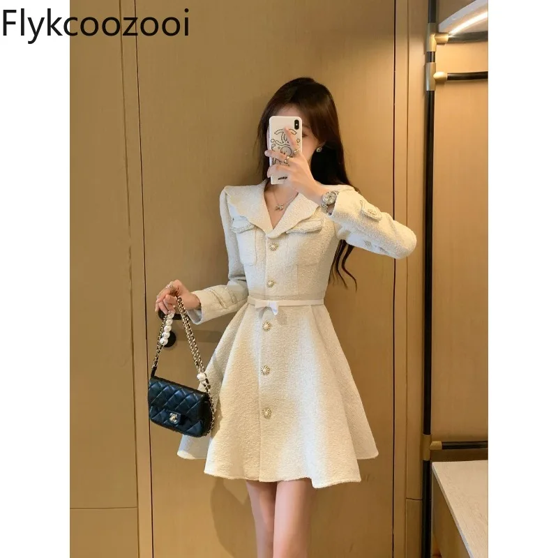 

Bow Lapel Collar Single Breasted Mini Dress Women Long Sleeve Waisted A-line Pleated Dress Autumn Chic Elegant Exquisite Cloth