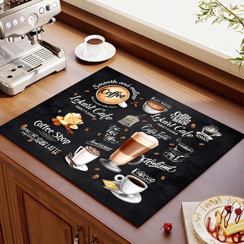 Vintage Latte Coffee Bean Classic Art Kitchen Drain Mat,Espresso Machine Counter Worktop,Non Slip,Quick Dry,Present
