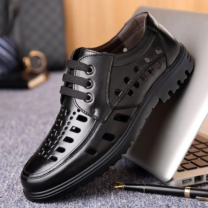 Summer Men's Sandals Breathable Hollow Out Men Casual Shoes Luxury Lace-up Leather Shoes Outdoor Comfor Men sandalias 2024 New