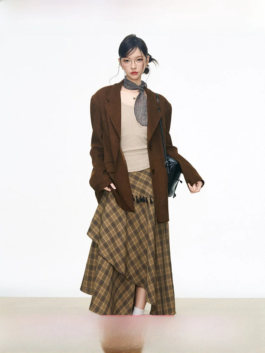 

WESTAYONE Suede Suit Jaet Women's Small Size 2025 New High-End Casual Plaid Skirt Commute Sle Loose Fit Long Sve