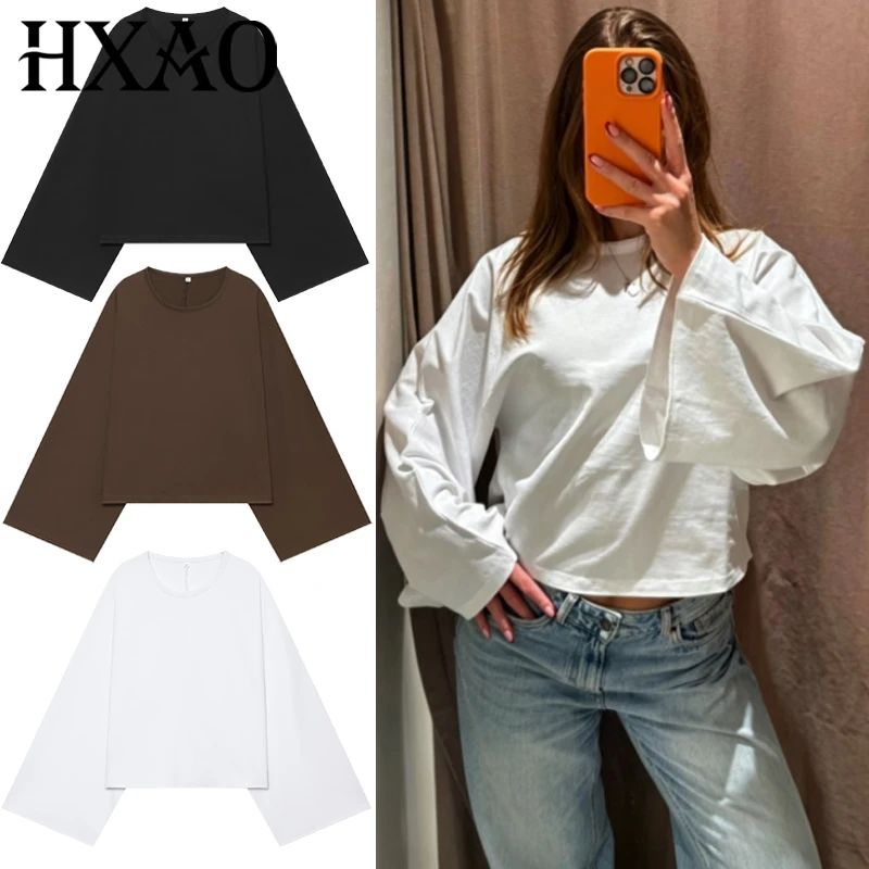 HXAO Cropped Oversized T-Shirt Damen Langarm-Oberteil Herbst 2026 Elegantes Weißes Schwarzes Braunes Oberteil O-Ausschnitt Glockenärmel Basic-Shirt – Detail 3
