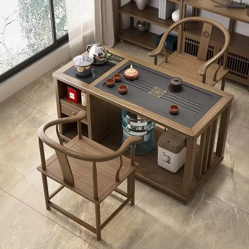 Yjq new Chinese balcony small tea table and chair combination home office tea table solid wood mobile tea cabinet